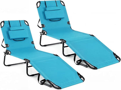Tangkula Beach Lounge Chair, Folding Sunbathing Recliner with Face Hole, Face Down Tanning Chair with 4-Level Adjustable Backrest & 3 Removable Pillows, Chaise Lounge Chair for Patio (2, Turquoise)