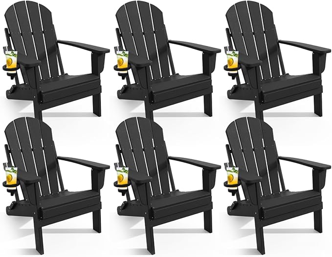 Adirondack Chair with Cup Holder Set of 6, Folding HDPE Patio Chairs, Outdoor Plastic Fire Pit Chair, Wood Texture, Lawn Chairs for Deck, Porch, Backyard, Garden, Black