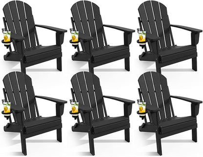 Adirondack Chair with Cup Holder Set of 6, Folding HDPE Patio Chairs, Outdoor Plastic Fire Pit Chair, Wood Texture, Lawn Chairs for Deck, Porch, Backyard, Garden, Black