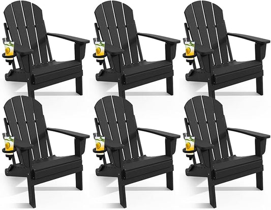 Adirondack Chair with Cup Holder Set of 6, Folding HDPE Patio Chairs, Outdoor Plastic Fire Pit Chair, Wood Texture, Lawn Chairs for Deck, Porch, Backyard, Garden, Black