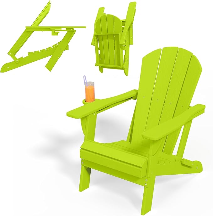Folding Adirondack Chairs with Cup Holders, Set of 6 HDPE Plastic Outdoor Chairs, Weather Resistant, Real Wood Look - Photo 4