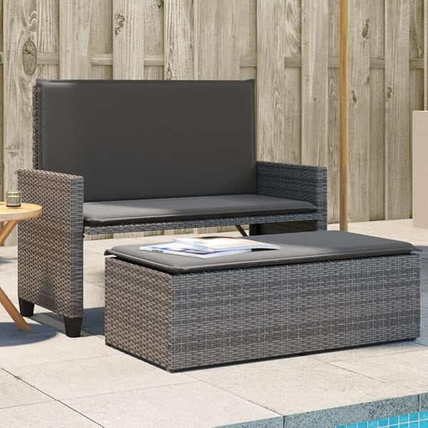 Garden Bench Deck Bench Patio Bench with Cushions and Footstool Gray Poly Rattan - Photo 1
