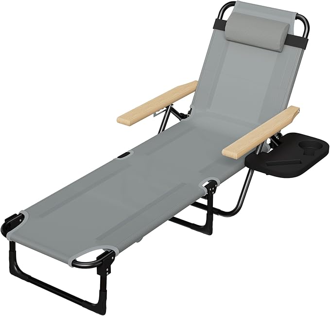 Foldable Chaise Lounge Chair Outdoor, 4-Position Reclining Outdoor Lounge Chairs with Wooden Armrest - Photo 8