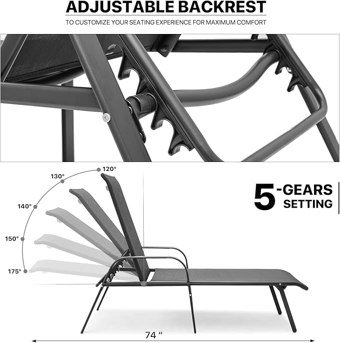 MoNiBloom Outdoor Black Lounge Chairs Set of 2, 5 Levels Adjustable Backrest Pool Lounge Chairs Breathable All Weather Metal Frame Sunbathing Recliner for Patio, Beach, Yard, Pool, 350 Lbs Capacity