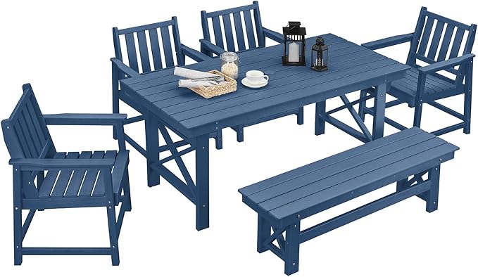 HDPE Outdoor Dining Set of 6, Patio Dining Table Set with 4 Chairs and 1 Bench - Photo 1