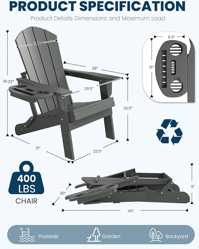 FOOWIN Folding Adirondack Chair Set of 8, HDPE Adirondack Chairs with Cup Holder - Photo 2
