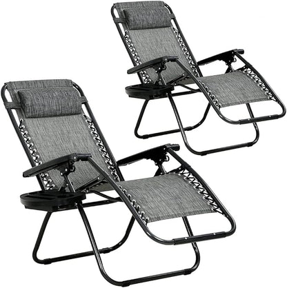 Dkeli Zero Gravity Chair Patio Chair Lounge Chair Chaise 2 Pack Outdoor Folding Adjustable Recliner Chair with Cup Holder Tray and Pillows for Patio, Pool, Beach, Lawn, Deck, Yard - Grey