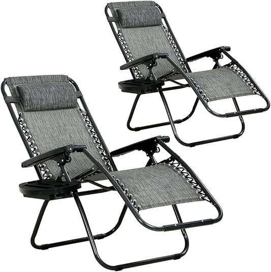 Dkeli Zero Gravity Chair Patio Chair Lounge Chair Chaise 2 Pack Outdoor Folding Adjustable Recliner Chair with Cup Holder Tray and Pillows for Patio, Pool, Beach, Lawn, Deck, Yard - Grey