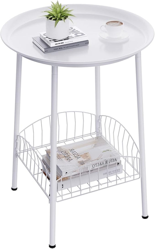 Small Outdoor Side Table, 2-Tier Round Metal Patio Table, Accent Table Waterproof, Weather Resistant End Table for Yard Porch Pool Balcony Garden Bedside (White)