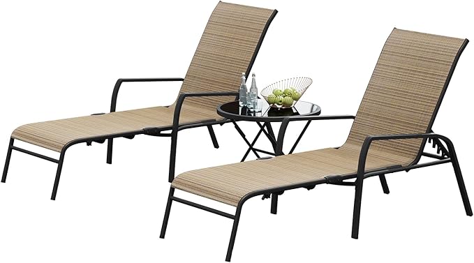 Devoko Patio Chaise Lounges Sets Outdoor Lounge Chairs with Adjustable Backrest & Sturdy Glass Top Coffee Table - Photo 2