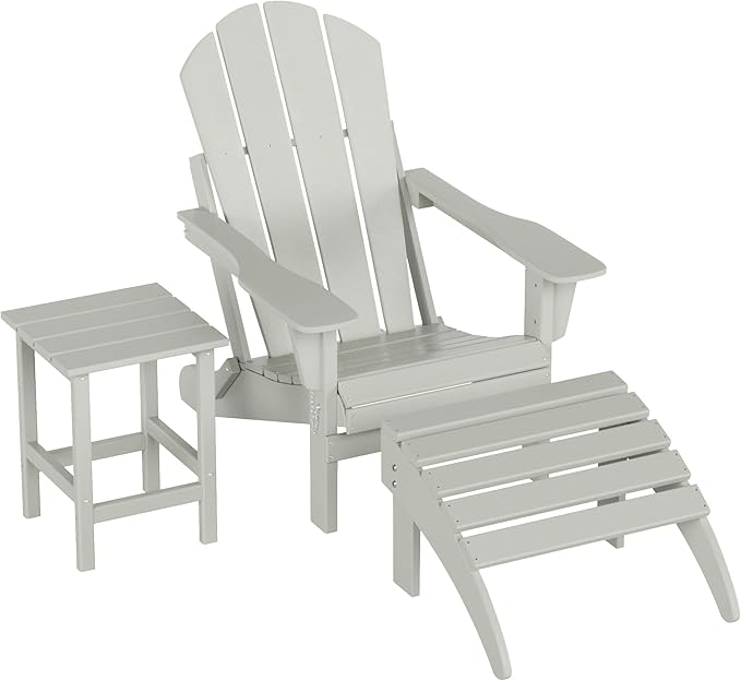 WestinTrends Malibu Outdoor Lounge Chairs, 3-Pieces Adirondack Chair Set with Ottoman and Side Table, All Weather Poly Lumber Patio Lawn Folding Chair for Outside Pool Garden Backyard, Sand
