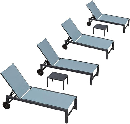 PURPLE LEAF Patio Lounge Chair Set for 4 Outdoor Chaise Lounge with Adjustable Backrest and Easy-to-Move Wheels Aluminum Reclining Lounge Chair for Outside Yard Pool Side Table Included, Teal