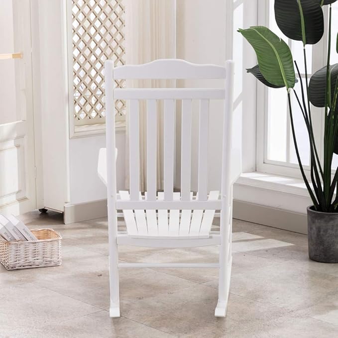 Outdoor Patio Rocking Chair Furniture Comfy Rocker for Adults Porch Balcony Garden Indoor Outside Wooden, White
