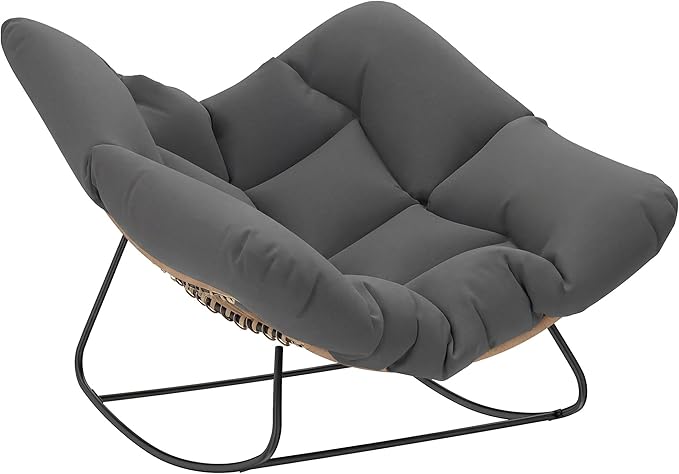 Outsunny Papasan Rocking Chair, Wicker Oversized Indoor Outdoor Rocking Chair with Cushion, PE Rattan Padded Outdoor Rocker Egg Chairs for Living Room, Garden, Patio, Balcony, Dark Gray