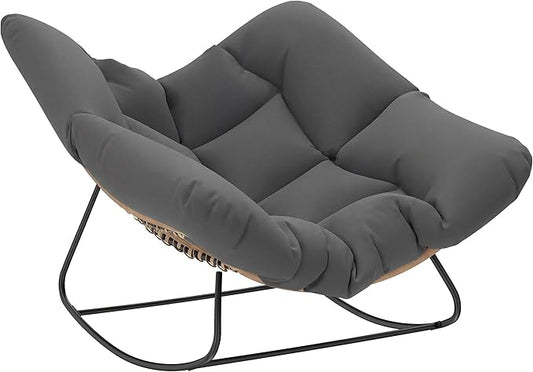 Outsunny Papasan Rocking Chair, Wicker Oversized Indoor Outdoor Rocking Chair with Cushion, PE Rattan Padded Outdoor Rocker Egg Chairs for Living Room, Garden, Patio, Balcony, Dark Gray