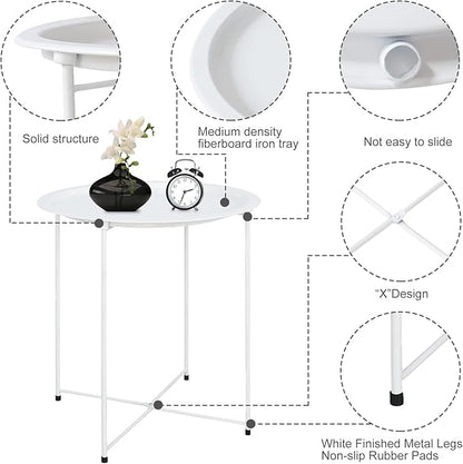 Garden 4 you End Table Metal Side Table White Round Folding Tray Cyan Sofa Small Accent Fold-able Table, Round End Table Tray, Next to Sofa Table, Snack Table for Living Room and Bed Room