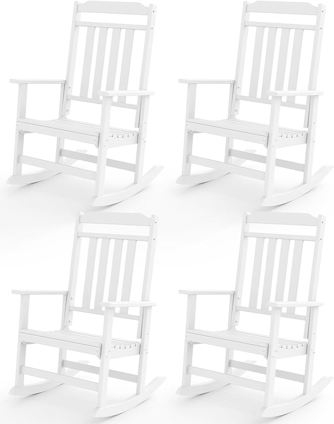 GREENVINES Outdoor-Rocking-Chairs-Set-of-4 | HDPE Plastic | Patio Rockers | Porch Rocker Chair | Oversized | High Back | Big & Tall | White