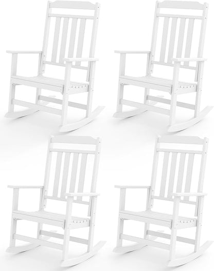 GREENVINES Outdoor-Rocking-Chairs-Set-of-4 | HDPE Plastic | Patio Rockers | Porch Rocker Chair | Oversized | High Back | Big & Tall | White