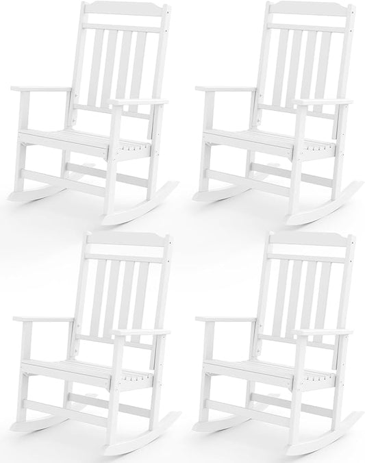 GREENVINES Outdoor-Rocking-Chairs-Set-of-4 | HDPE Plastic | Patio Rockers | Porch Rocker Chair | Oversized | High Back | Big & Tall | White