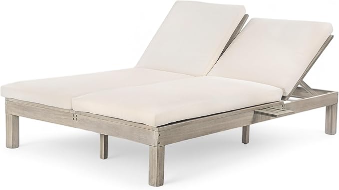 Outdoor Double Chaise Lounge with 5-Position Adjustable Backrest, Cushion and Folding Side Trays for 2 Person - Photo 6