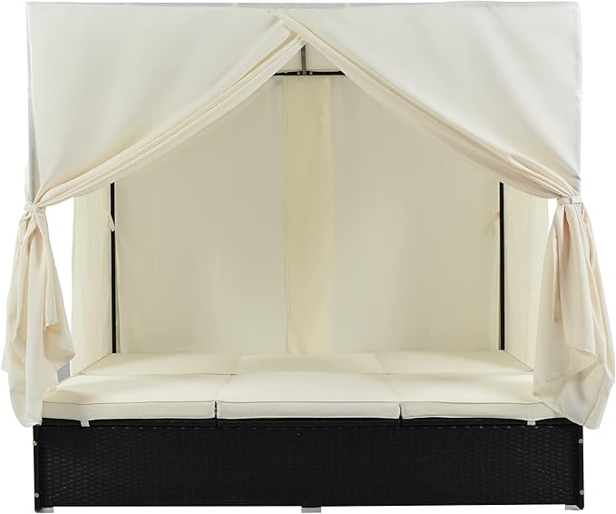 SOFTSEA Outdoor Rattan Daybed with Cushions and Adjustable Seats, Wicker Outdoor Sunbed for Yard Garden, Beige - Photo 5