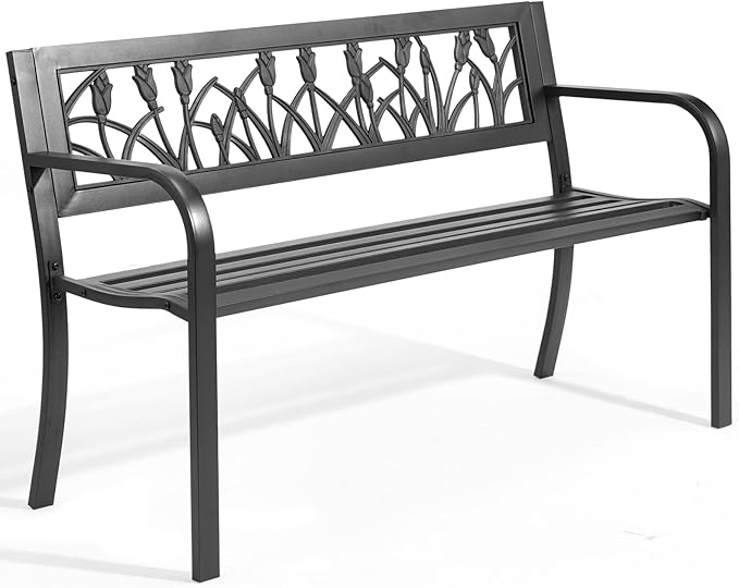 49" Garden Bench,Outdoor Benches,Iron Steel Frame Patio Bench with Tulip Pattern and Backrest Armrests for Lawn Yard Porch Work Entryway