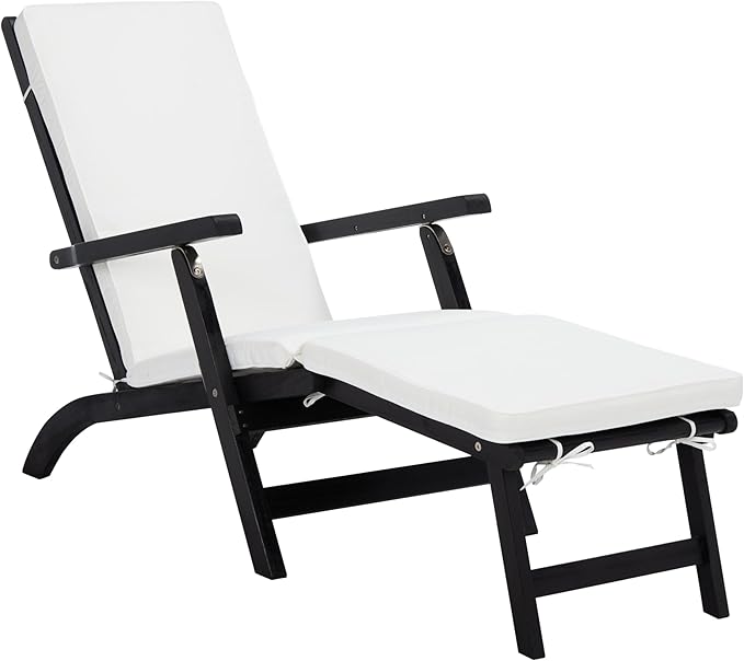 SAFAVIEH Outdoor Collection Palmdale Black Solid Wood/Beige Cushion Chaise Lounge Chair (PAT7015G)