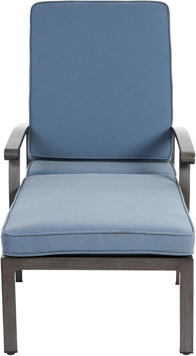 Chaise Lounge Chair Outdoor Cast Aluminum Reclining Lounger with Cushion, 5-Position Adjustable Backrest, Waterproof Padded Seat, Hidden Wheels, Elegant Poolside Garden Patio Seating (Blue)