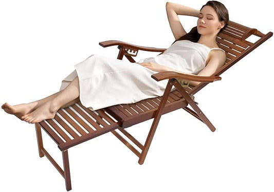 Foldable Bamboo Lounger Chair, Adjustable Back Patio Reclining Chair with Massage Hammer, Foldable Outdoor Chaise Lounge Chair for Backyard Yard Pool Beach Load Capacity 440Lbs
