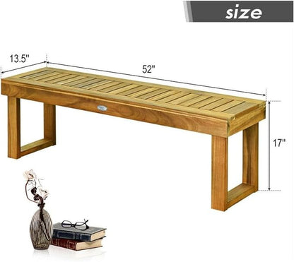 Acacia Wood Dining Bench 52 Inch, Teak Outdoor Bench with Slatted Seat, Patio Furniture, Backyard Garden Bench, 700 lbs Capacity