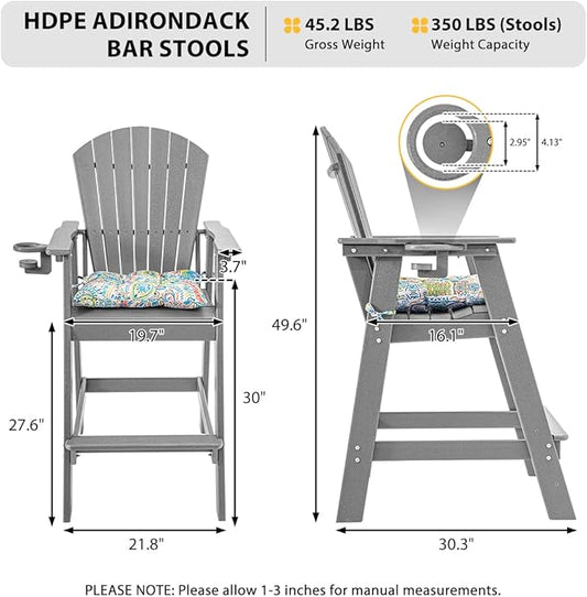 Sundale Outdoor Adirondack Bar Stool, Patio HDPE Bar Chair with Backrest, 30 Inch Seat Height Tall Bistro Dining Counter Stool with Cushion, All-Weather Pub Height Chair, Gray