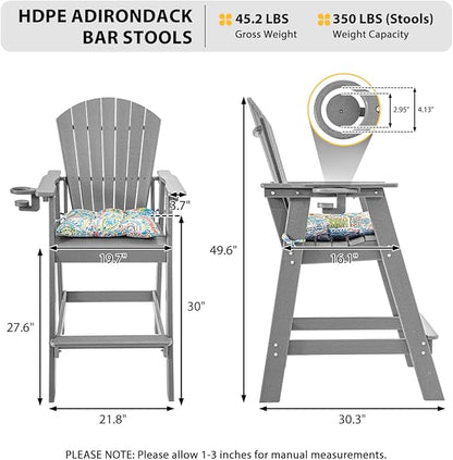 Sundale Outdoor Tall Adirondack Chairs Set of 2, 30 Inch Seat Height Patio Adirondack Bar Stools, HDPE Pub Chairs with Backrest, Tall Bistro Dining Counter Stool with Cushion, All-Weather, Gray
