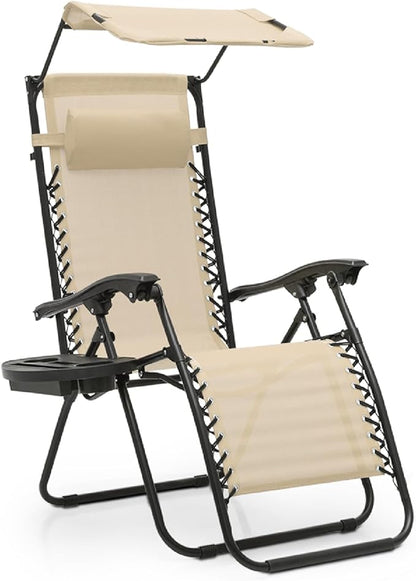 Athena Collection Folding Zero Gravity Chair with Canopy, Adjustable Lounge Chair Recliner, Outdoor Lawn Chair Camping Chairs Beach Chaise Chairs with Headrest & Cup Holder for Patio Pool, Cream