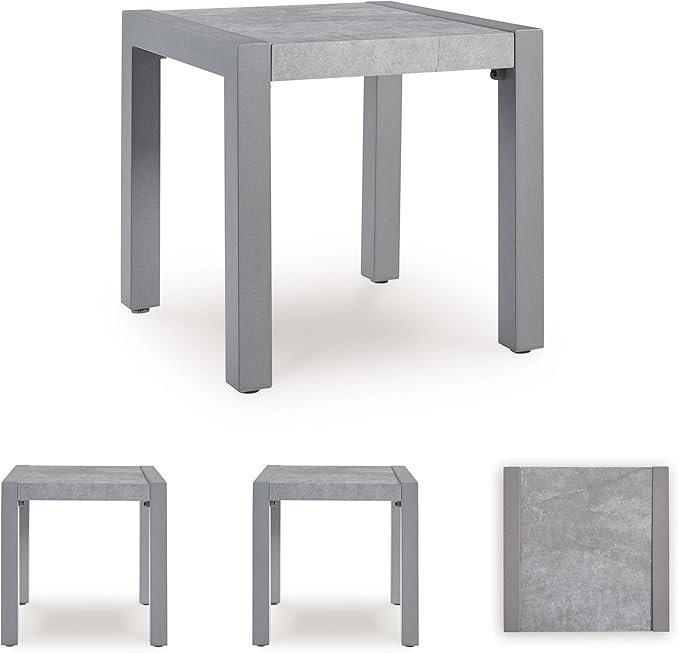 Signature Design by Ashley Moonlight View Contemporary Weather Resistant Outdoor End Table with Sintered Stone Top, Light Gray