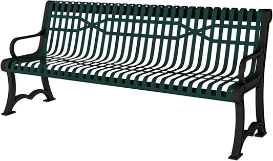 COATEDOUTDOORFURNITURE Coated Outdoor Furniture Heavy-Duty Outdoor Bench Thermoplastic Coated, Slatted Steel, Commercial-Grade Garden Bench, Made in America (Portable with Back, 4 Ft, Textured Green)