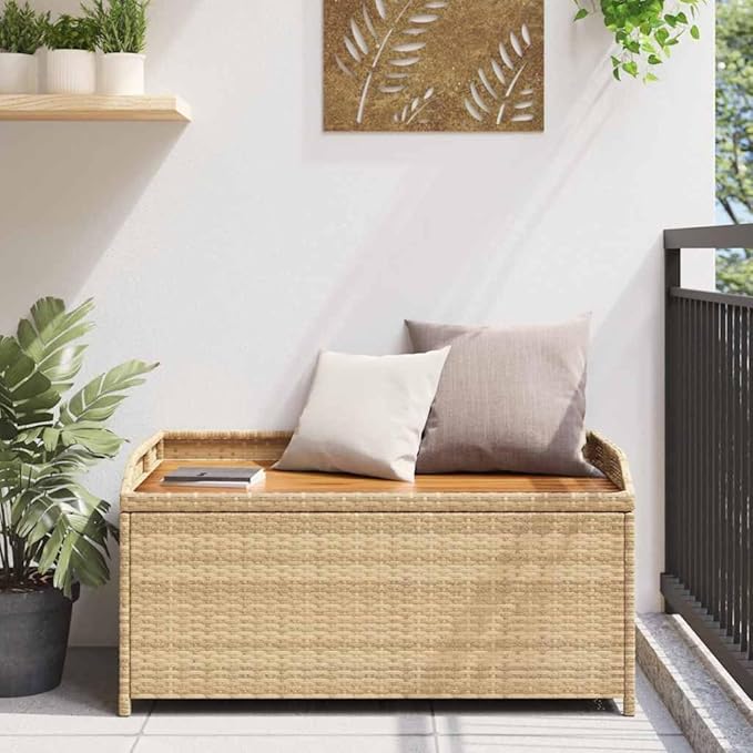 Outdoor Storage Bench with Waterproof Bag, Mix Beige and Brown, Solid Acacia Wood and Poly Rattan, Durable Patio Furniture for Garden, Patio, Balcony
