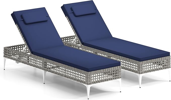 Tangkula Patio Chaise Lounge Chair, PE Wicker Reclining Sun Lounger with 6-Level Adjustable Backrest, Removable Cushion & Headrest, Outdoor Lounge Chair for Poolside, Deck, Backyard (2, Navy)