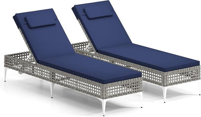 Tangkula Patio Chaise Lounge Chair, PE Wicker Reclining Sun Lounger with 6-Level Adjustable Backrest, Removable Cushion & Headrest, Outdoor Lounge Chair for Poolside, Deck, Backyard (2, Navy)
