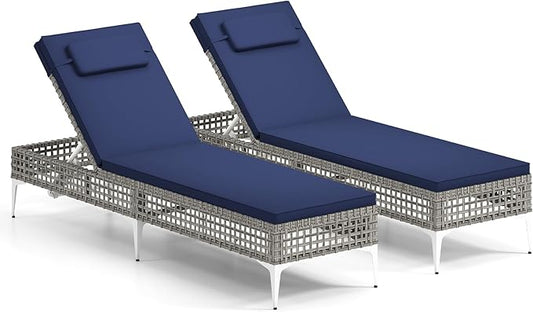 Tangkula Patio Chaise Lounge Chair, PE Wicker Reclining Sun Lounger with 6-Level Adjustable Backrest, Removable Cushion & Headrest, Outdoor Lounge Chair for Poolside, Deck, Backyard (2, Navy)