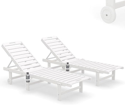 SERWALL Outdoor Chaise Lounge Set of 2, All-Weather HDPE Pool Lounge Chairs with 5-Position Adjustable Backrest, Rolling Wheels & Cup Holder for Poolside, White