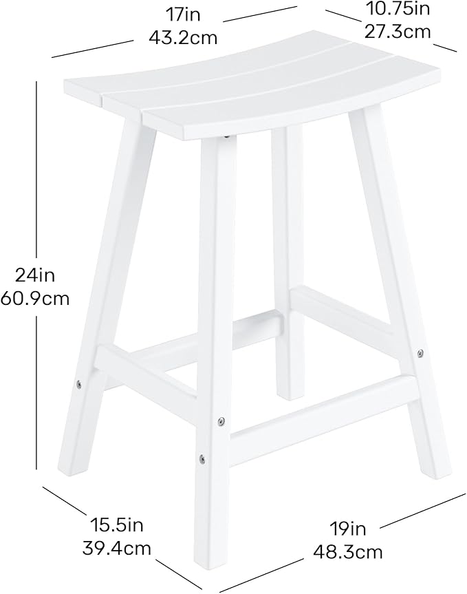 Costaelm All-Weather Bar Stools Set of 2, 24" Height Outdoor Bar Stools, Adirondack Poly Patio Bar Stool for Patio, Deck, Kitchen Counter and Garden, White
