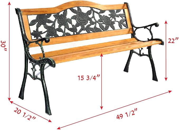 50'' Patio Park Garden Bench, Weather Proof Porch Path Chair, 470BLS Bearing Capacity Outdoor Furniture with Wood Frame, Rugged Durable Cast Iron Structure