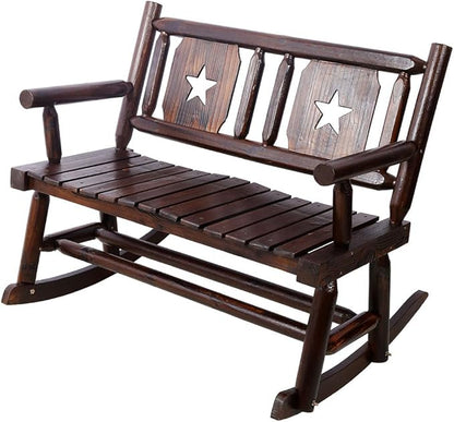 Outdoor Wooden Rocking Bench for 2, Heavy Duty Patio Rocker Loveseat 700 LBS Capacity, Solid Wood Double Rocking Chair for Porch, Garden, Balcony, Rustic Brown