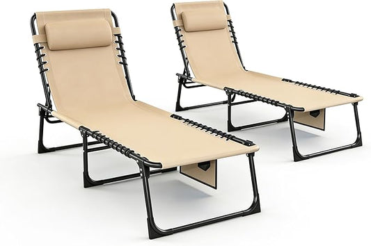 2 Pack Folding Chaise Lounge Chair 5-Position Adjustable Outdoor Recliner 400LB Capacity Portable Patio Camping Beach Pool Sunbathing Lounger with Pillow, Light Beige