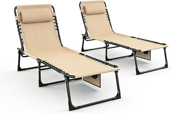 2 Pack Folding Chaise Lounge Chair 5-Position Adjustable Outdoor Recliner 400LB Capacity Portable Patio Camping Beach - Photo 1