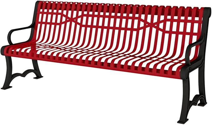 COATEDOUTDOORFURNITURE Coated Outdoor Furniture Heavy-Duty Outdoor Bench Thermoplastic Coated, Slatted Steel, Commercial-Grade Garden Bench, Made in America (Portable with Back, 4 Ft, Textured Red)