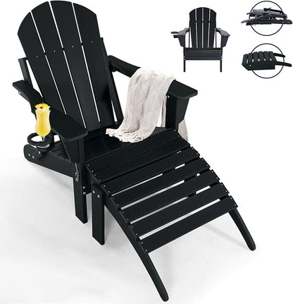 Adirondack Chair with Ottoman | Folding | Outdoor Patio Chair with Removable Footrest | HDPE Plastic All-Weather Resistant | Cup Holder | for Backyard and Garden | Matte Black
