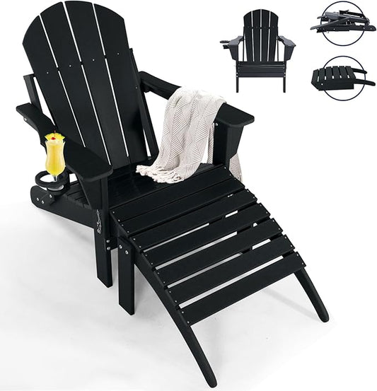 Adirondack Chair with Ottoman | Folding | Outdoor Patio Chair with Removable Footrest | HDPE Plastic All-Weather Resistant | Cup Holder | for Backyard and Garden | Matte Black