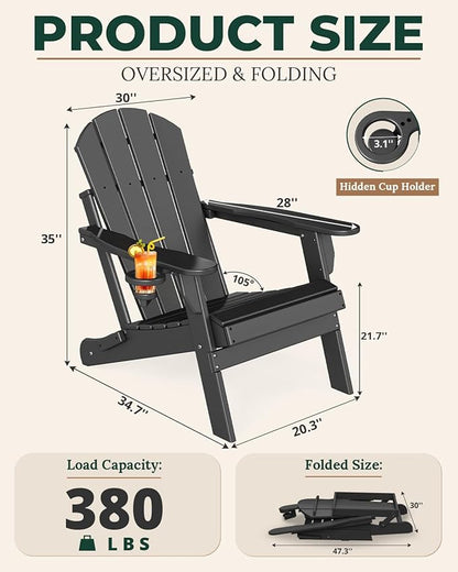 BRIOPAWS Folding-Adirondack-Chair | HDPE | Fire Pit Chairs | Cup Holder | Weather Resistance | Black | for Outdoor Backyard Deck Patio