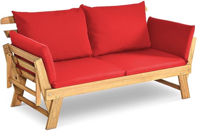 DORTALA Patio Convertible Couch Sofa Bed, Acacia Wood Daybed w/Adjustable Armrest, Collapsible Chaise Lounge w/Cushions & Pillows, Outdoor Loveseat for Poolside, Courtyard (Red)